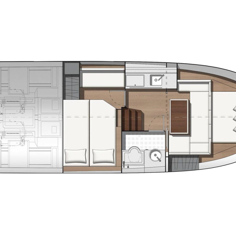 Jeanneau Leader 33 sports cruiser - diagram of cabins, saloon and engines