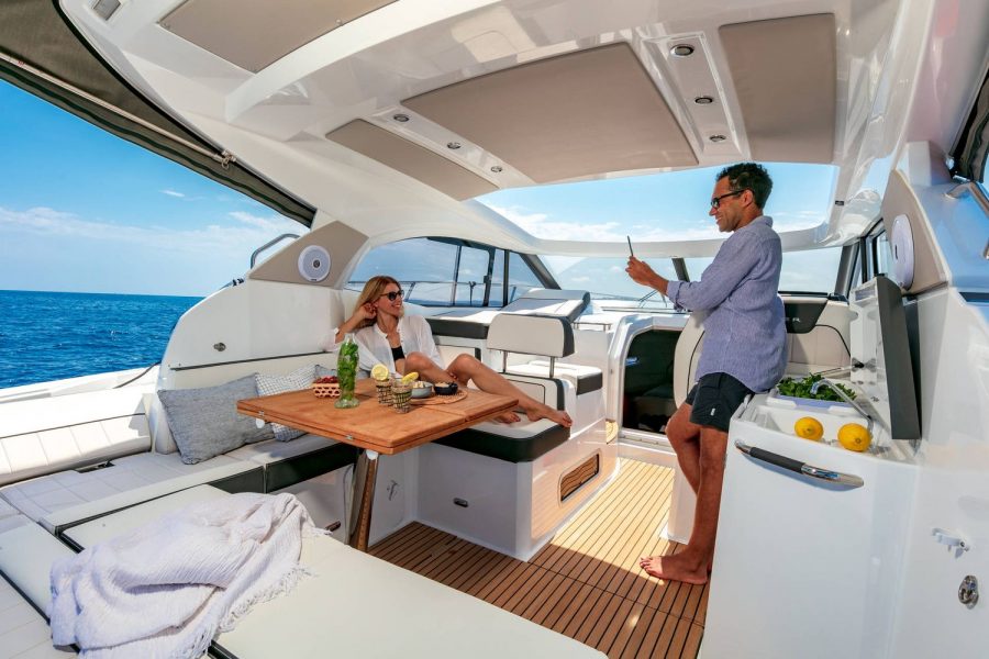 Jeanneau Leader 36 sports cruiser - port side table and starboard side galley