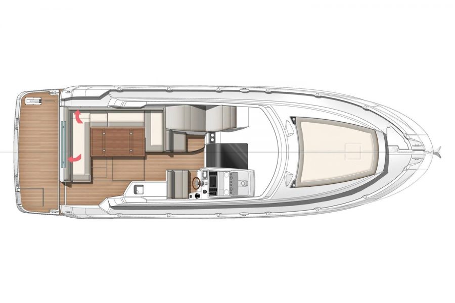Jeanneau Leader 36 sports cruiser - diagram of aft cockpit table and bow sun lounger