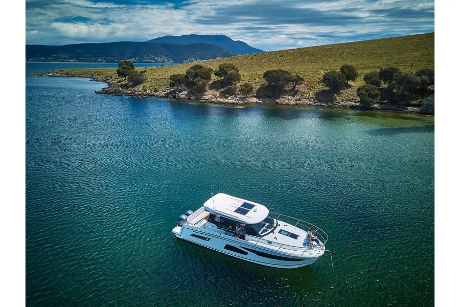 Jeanneau Merry Fisher 1095 - high above overhead view in picturesque surroundings
