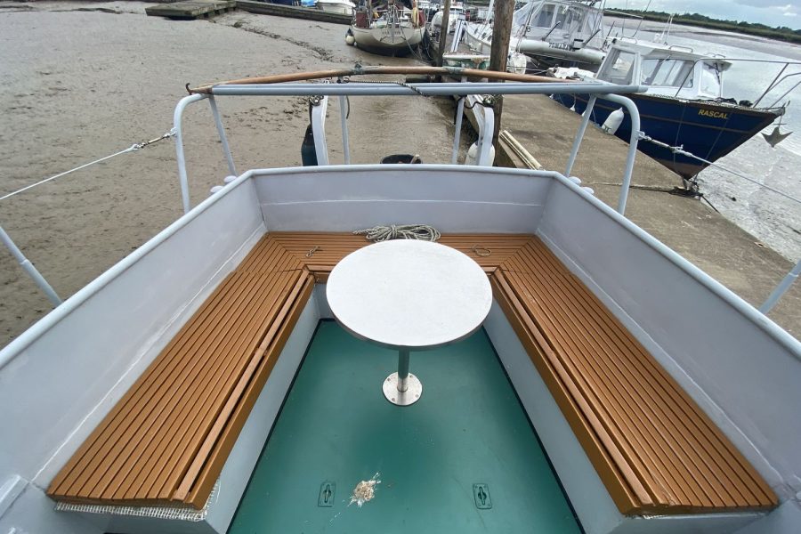 Dutch Steel Boat - cockpit table and seating