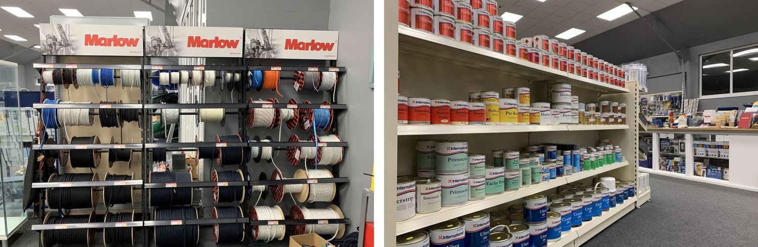 Chandlery, clothing and showroom at Morgan Marine - rope, antifoul and other boat maintenance / cleaning products for sale
