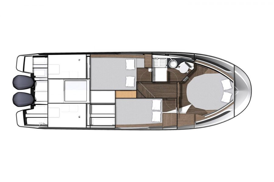 Jeanneau Merry Fisher 1095 Flybridge - diagram of cabins and galley + toilet layout
