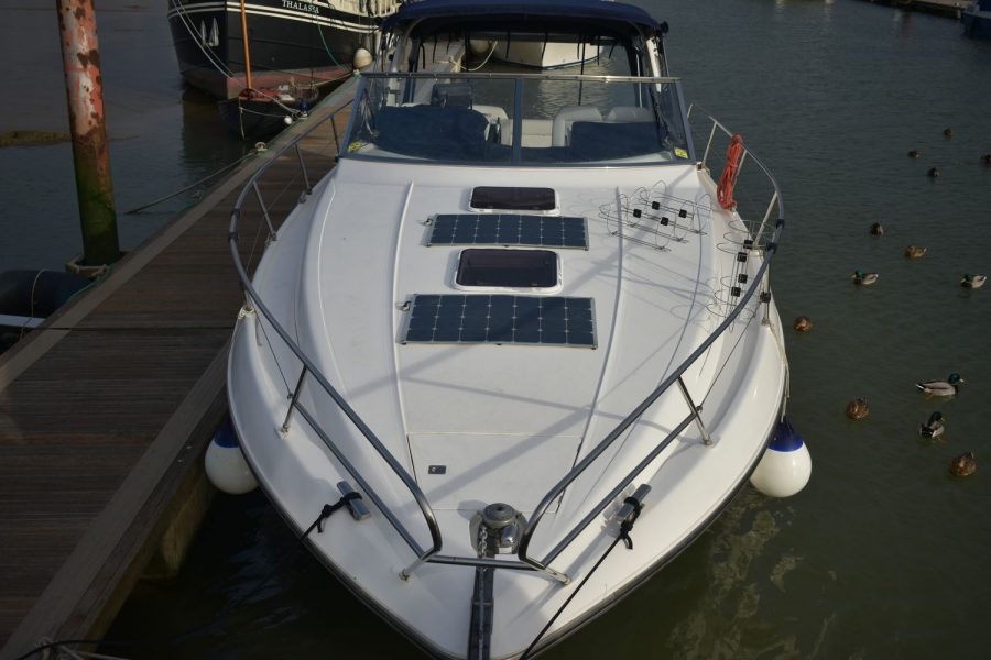 Princess 366 twin diesel sports cruiser - view towards bow with solar panels and deck hatches