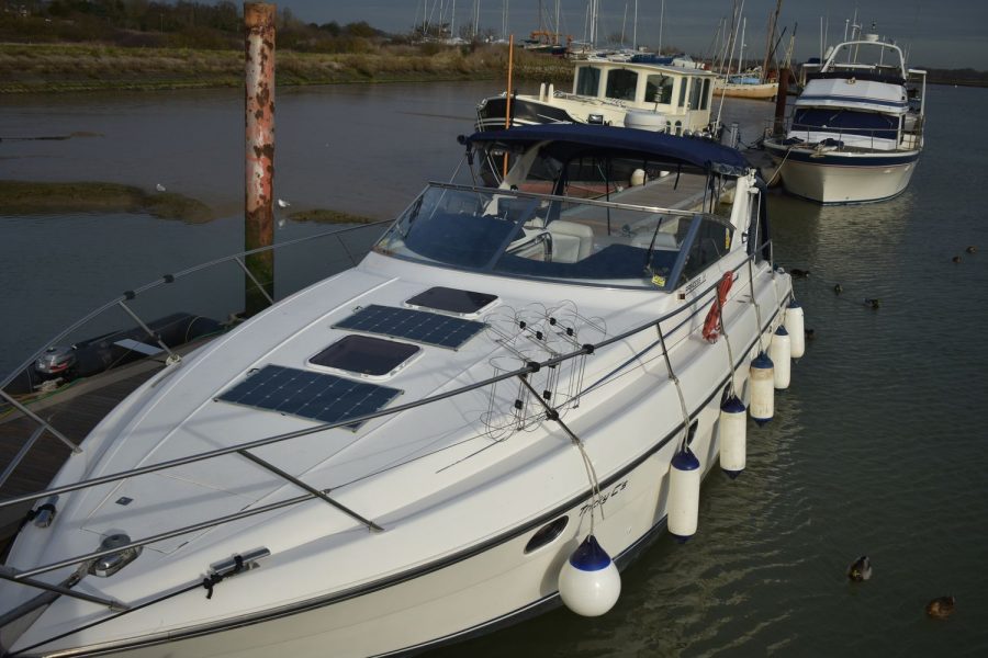 Princess 366 twin diesel sports cruiser - port side bow with pulpit rails and fenders