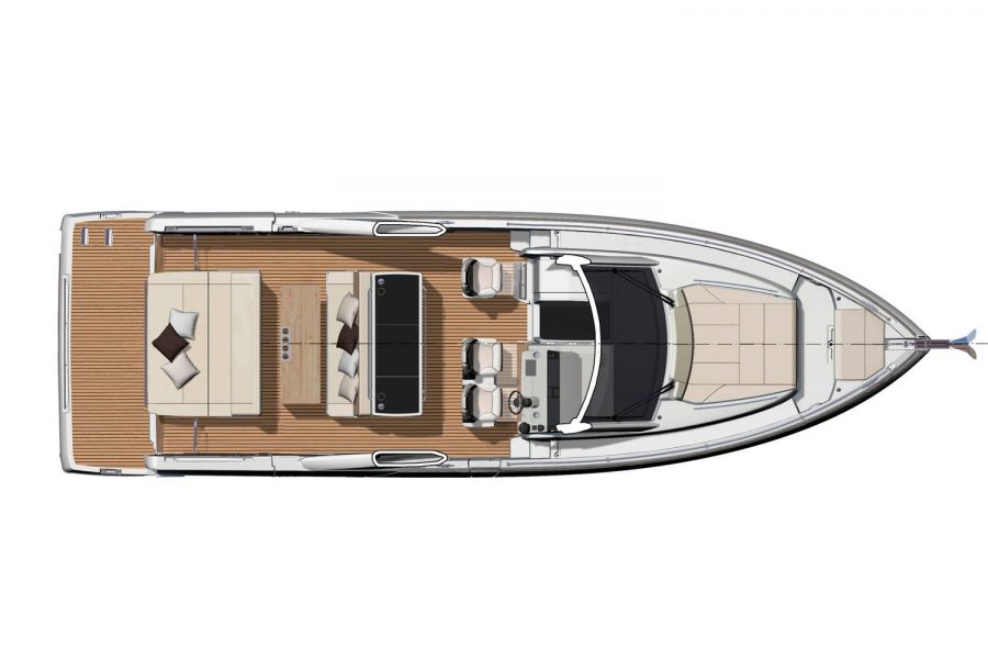 Jeanneau DB 43 day boat - diagram of aft cockpit with large sun lounger and sofa facing aft