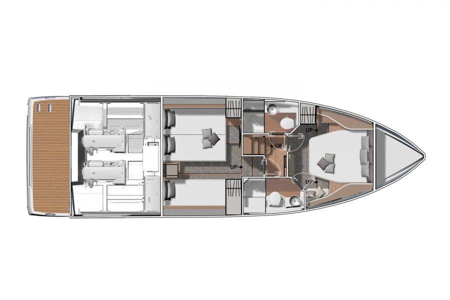 Jeanneau DB 43 day boat - diagram of cabin layout with two heads compartments
