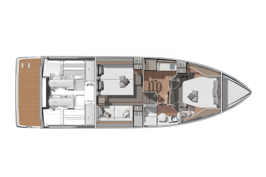 Jeanneau DB 43 day boat - diagram of cabin layout with Breakfast Point version