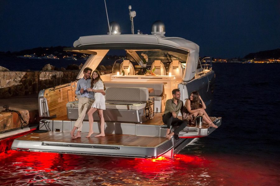 Jeanneau DB 43 inboard - socialising at night on the terraces with under water lights