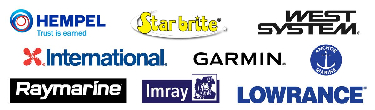 Some of the chandlery / electronics brands at Morgan Marine - Hempel, Starbrite, West System, International, Garmin, Anchor Marine, Raymarine, Imray, Lowrance - logos